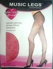 MUSIC LEGS Spandex Seamless Glittery Fishnet Pantyhose, Red, One Size