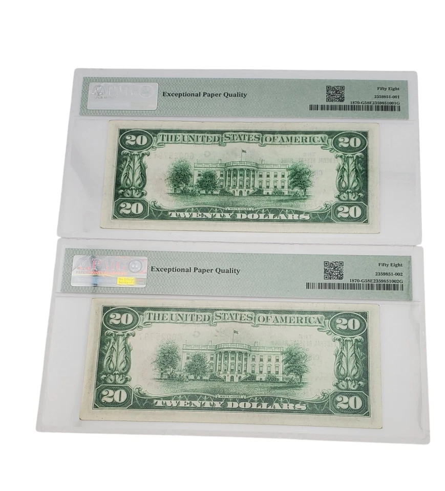 Rare Pair Chicago $20 National Currency Bank Note PMG 58 EPQ CONSECUTIVE SERIALs - Image 2 of 2