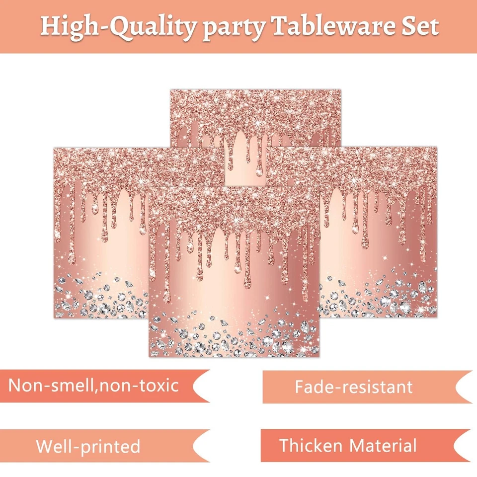 Rose Gold Party Plates and Napkins Set - Pink Decorations, Diamond Theme Supp... - Image 3 of 4