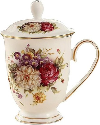 Fine Bone China Coffee Mug Tea Cup, Floral Tea Mugs with Lid 10oz/300ml Capacity