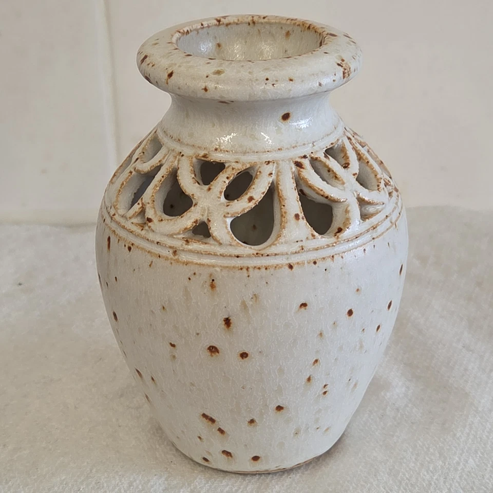 Vintage Jon & Heather Cheney Studio Pottery Stoneware Pierced Baluster Vase 4.5" - Image 2 of 4
