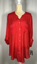 I.N. Studio Women Blouse Tunic 1X Shirt Top Roll Tab Button Up Boho Red Lace New