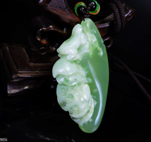 100% Natural Hand-carved Jade Pendant Jadeite Necklace frog&lotus flower 905i - Picture 1 of 15