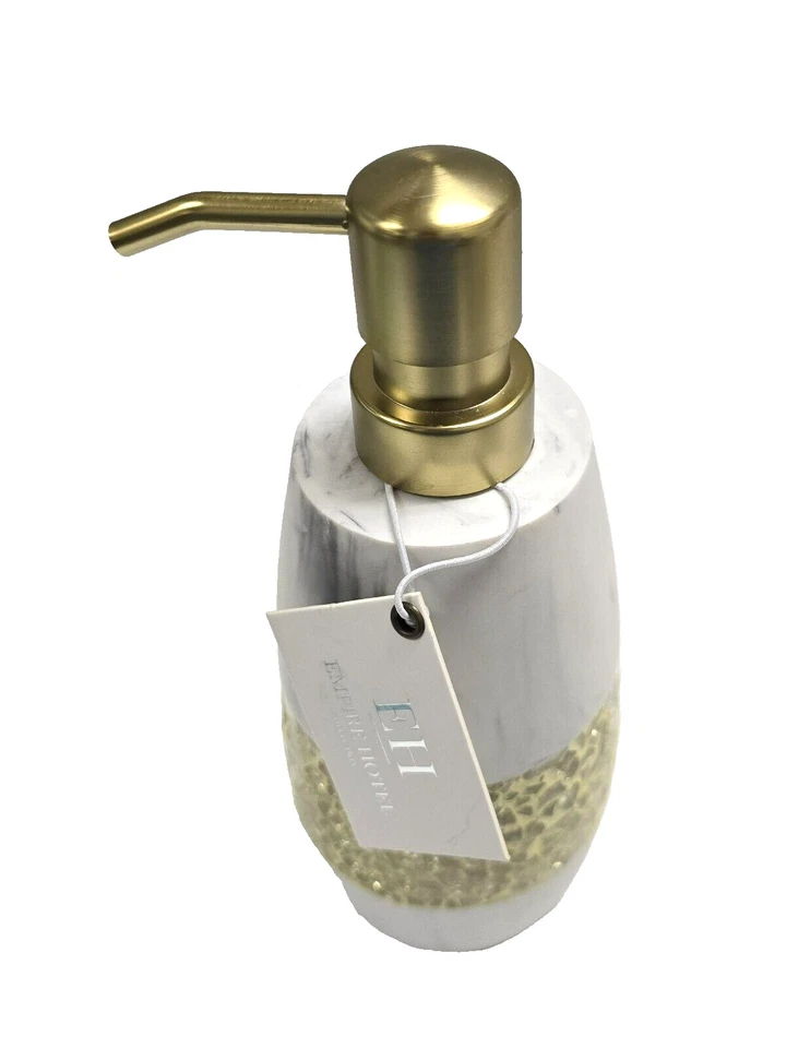 EMPIRE HOTEL GRAY,WHITE MARBLE LOOK RESIN,GOLD GLASS MOSAIC, PUMP SOAP DISPENSER - Image 2 of 4