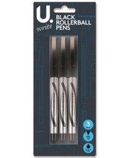Black Ink Rollerball Pens. Pack of 3