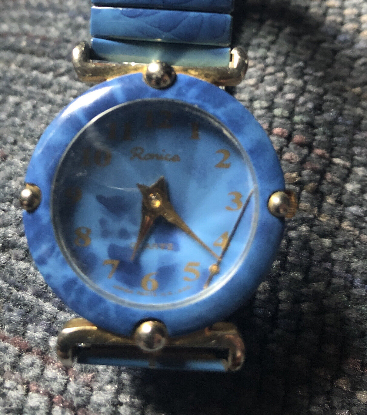 Blue Ronica Quartz Watch, Blue Face Brass Casing - Blue Stretch Band 1980s