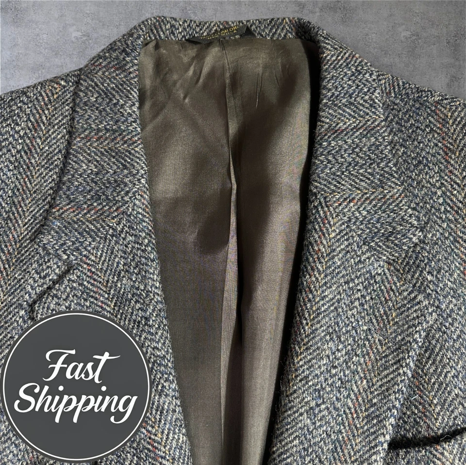 Vintage HARRIS TWEED WOOL Mens Blazer 46L Sport Coat Jacket Gray Herringbone USA - Image 3 of 4
