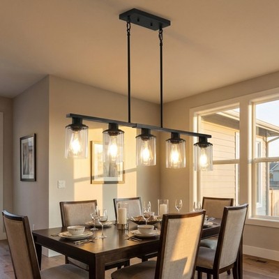37'' Pendant 5 Light Farmhouse Black Linear Chandelier for Living Room Fixture