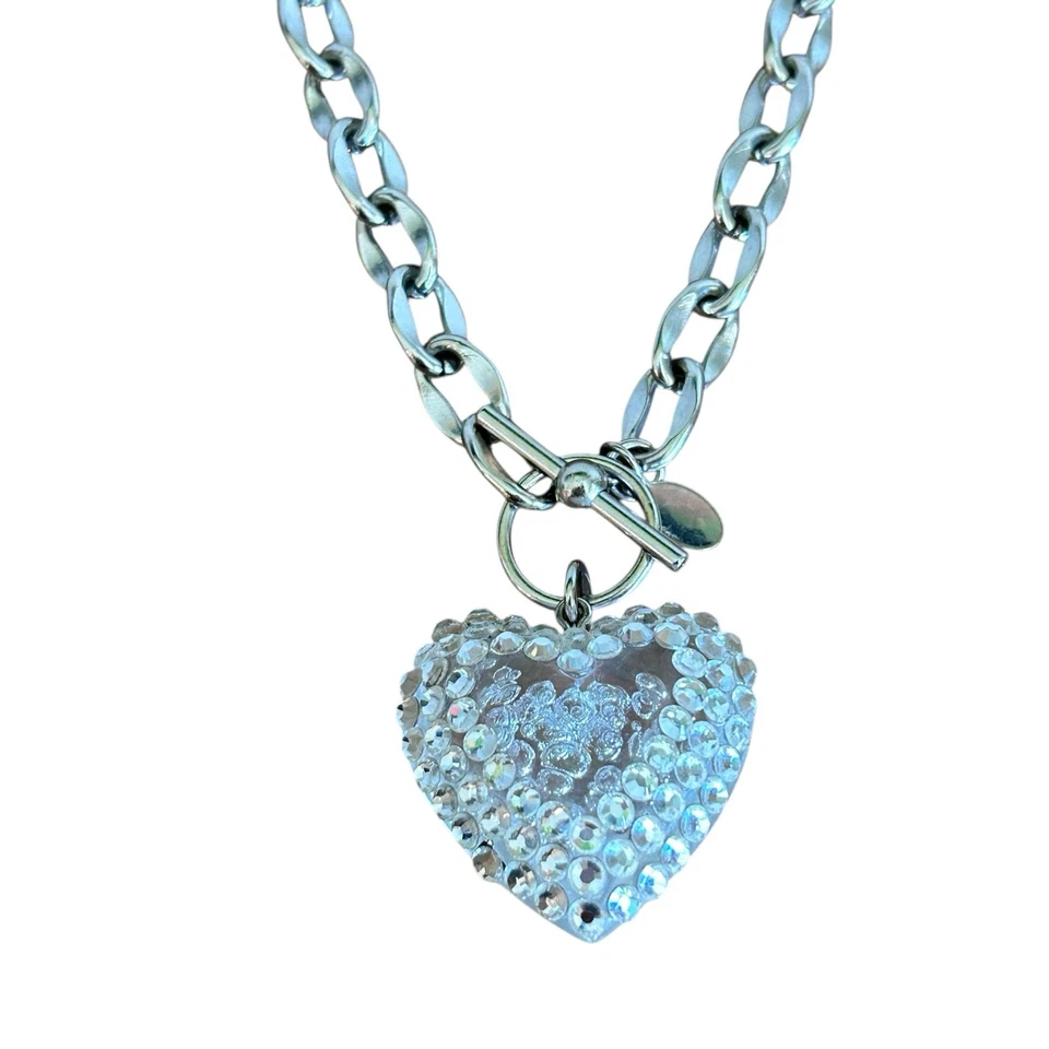 Rare Tarina Tarantino Clear Lucite Heart Necklace With Silver Tone Chain Y2K - Image 2 of 4