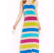 Calvin Klein Women Stripped Maxi Tank Dress Size 4 Racer Back Stretch Rainbow 