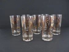 Vintage Gay Fad Highball Glasses Bolero MCM 24k Gold Swirl Barware Set of 7