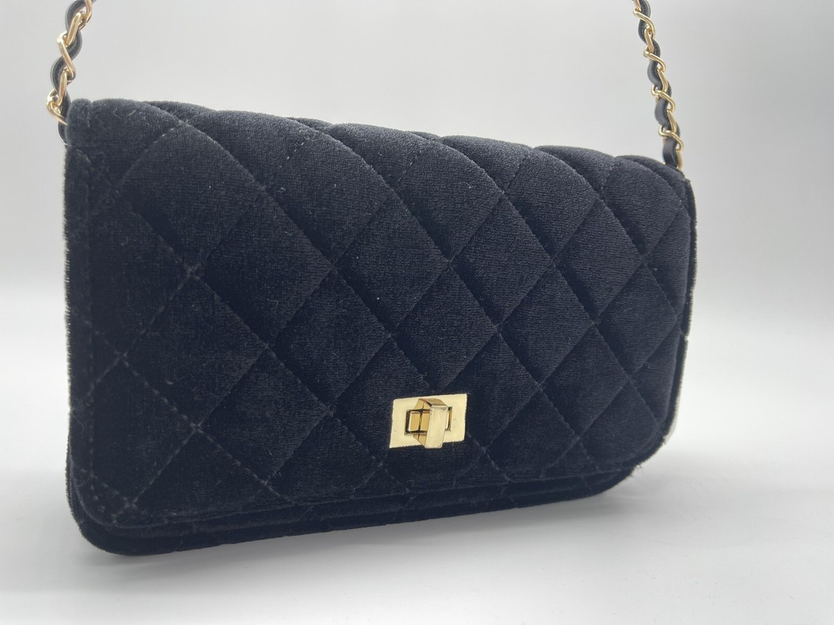 ショルダーバッグ・ポシェット BFLEX BLACK GOLD SHOULDER BAG Black Velvet Quilted Crossbody Shoulder Flap Bag Gold Chain