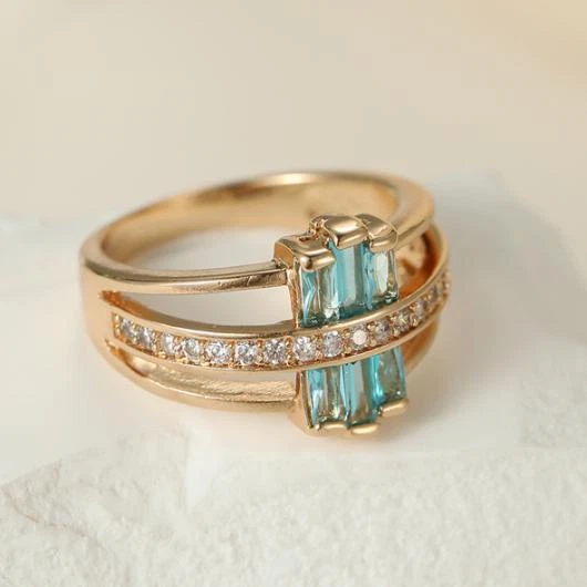 Праздничный подарок 3 X квадратной формы небесно-голубой топаз белое розовое золото кольца нам размер 6-10 - Изображение 2 из 4