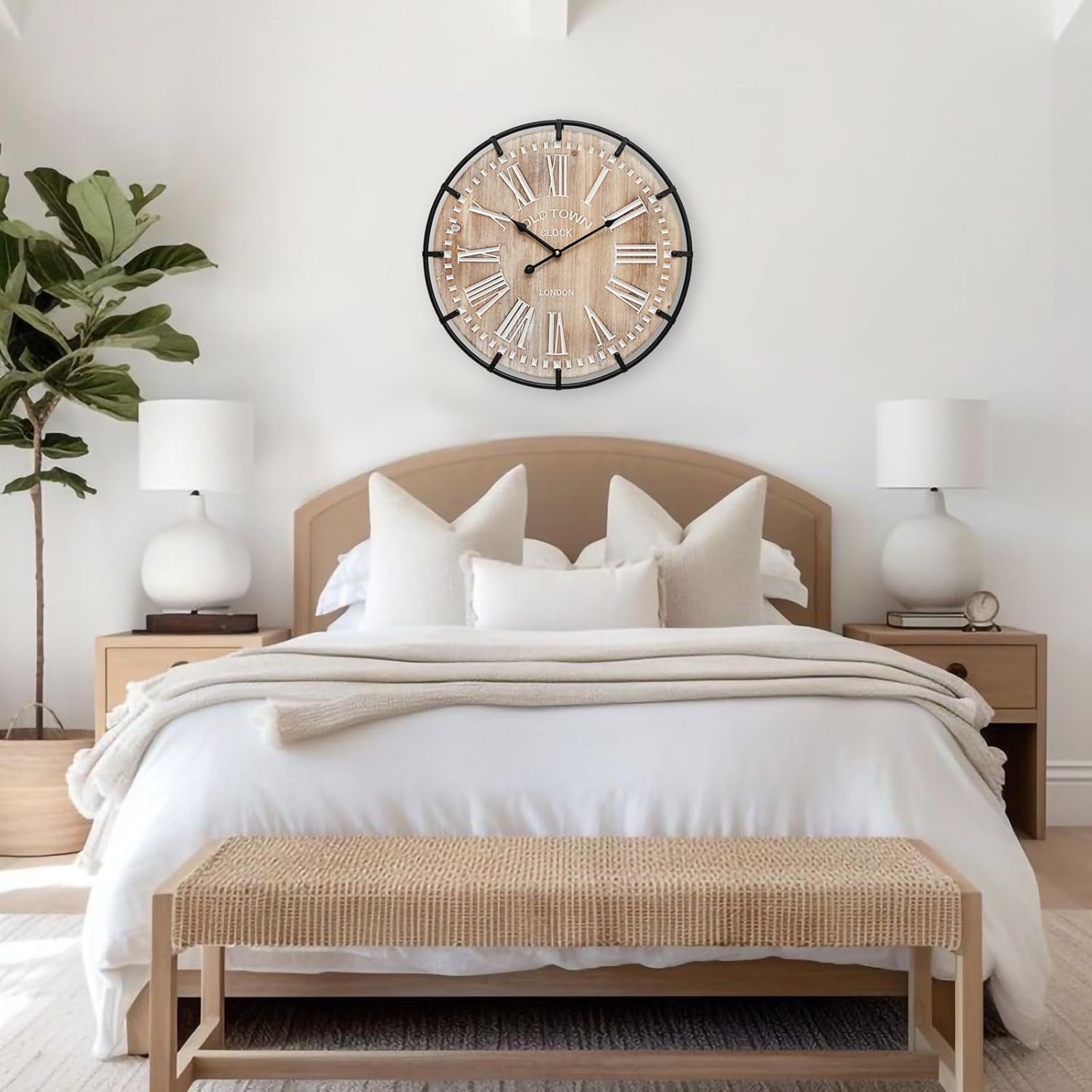  24-inch Large Farmhouse-Style Wall Clock, Vintage Wood and Metal Design