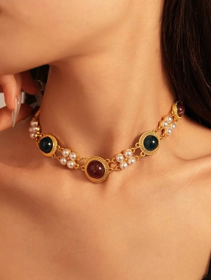 Conjunto de brincos e colar estilo corte francês alto grau senso de nicho cor retrô - Imagem 4 de 4