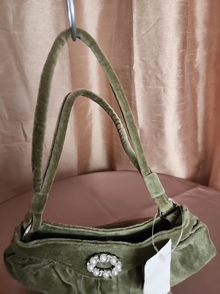 Antiguo Azul Marino Pequeño Verde Oliva Terciopelo Bolso Cartera Estrás Perla Prendedor Cóctel  Foto 4 de 4
