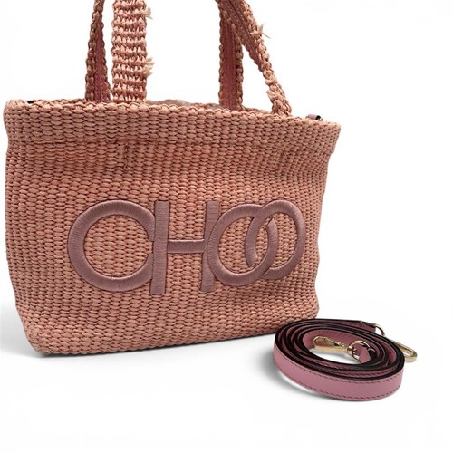 Jimmy Choo Mini Beach Tote 2Way Shoulder Bag Pink Raffia Straw Logo Womens