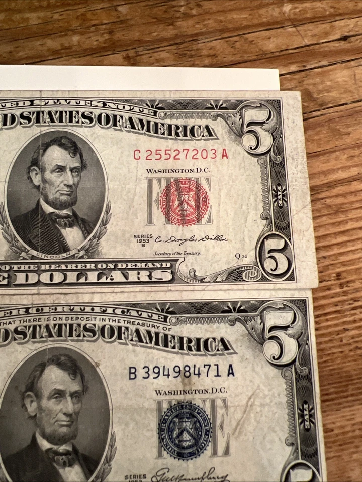 3 - US 5 Dollar Bills With Red, Blue And Green Seals- 2 From 1953, 1 From 1950 - Image 4 of 4