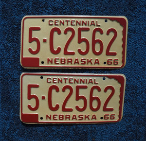 1966 NEBRASKA Centennial License Plate Plates PAIR / SET - Unused