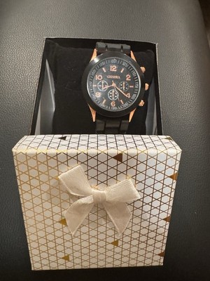 Geneva Quartz Analog Black Rubber Strap Black/Rose Gold Tone Watch w/ Box