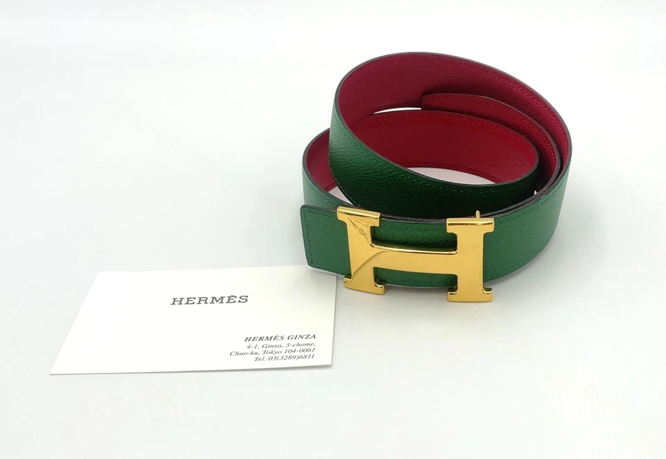 Auth Hermes H-Belt GD70 circle Y engraved Leather green red W/Box BA110116 - Image 3 of 4