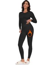Fleece Lined Long Johns for Women - Thermal Base Layer Set, Black, XX-Large