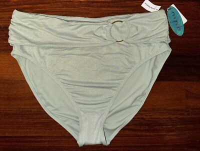 MYNAH Tulum Tropical Metallic Shimmer Green/Gold O-Ring Accent BIKINI BOTTOM ~XL