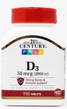 21st Century Vitamin D3 50 mcg (2000 IU) 110 Tablets -Exp Date 04-2025