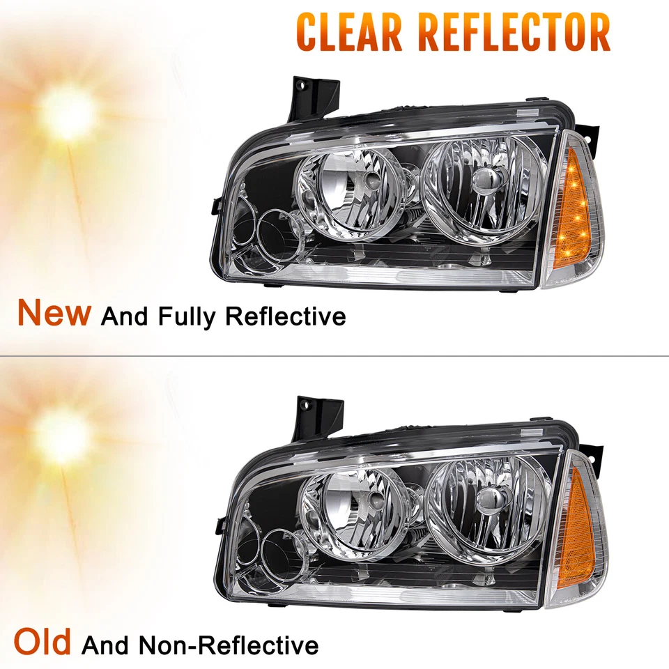 PAIR FOR DODGE CHARGER SE SXT SXT 2006-2009 CHROME AMBER HEADLIGHTS HEADLAMPS - Image 4 of 4