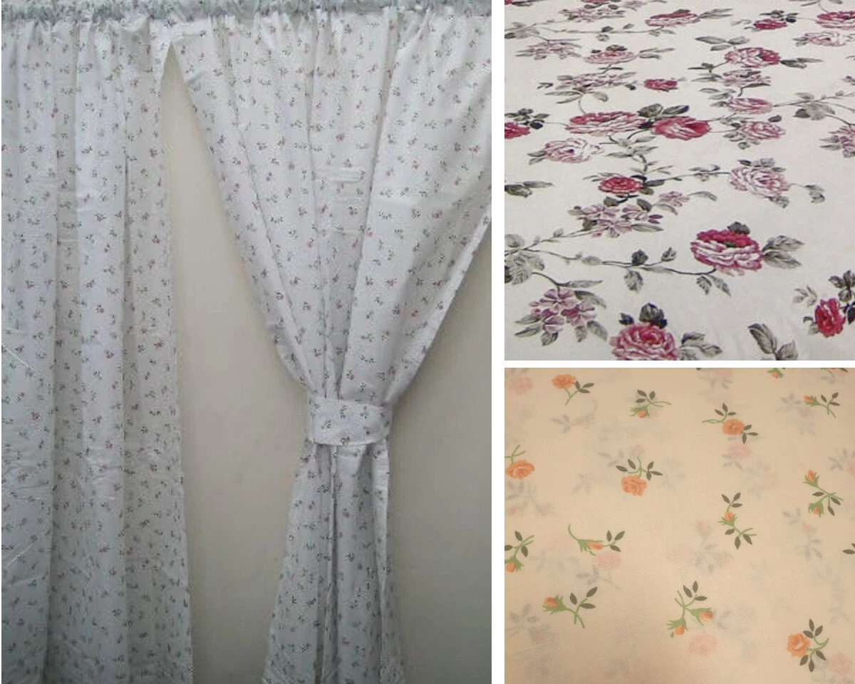 66x72" FLORAL CURTAINS TIE BACKS PRINTED ROSEBUD ROSES GREEN VINE LEAF LEAVES