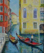 Original textured painting , Venice , gondoliere ,Italian view,veduta, signed