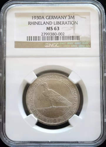 1930 A SILVER GERMANY 3 MARK WEIMAR REPUBLIC RHINELAND NGC MINT STATE 63