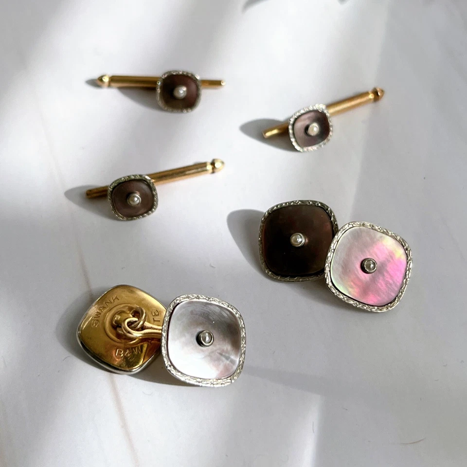 Art Deco Swank Gold-Plate, Abalone Shell, and Pearl Cufflinks With Original Box - Image 3 of 4