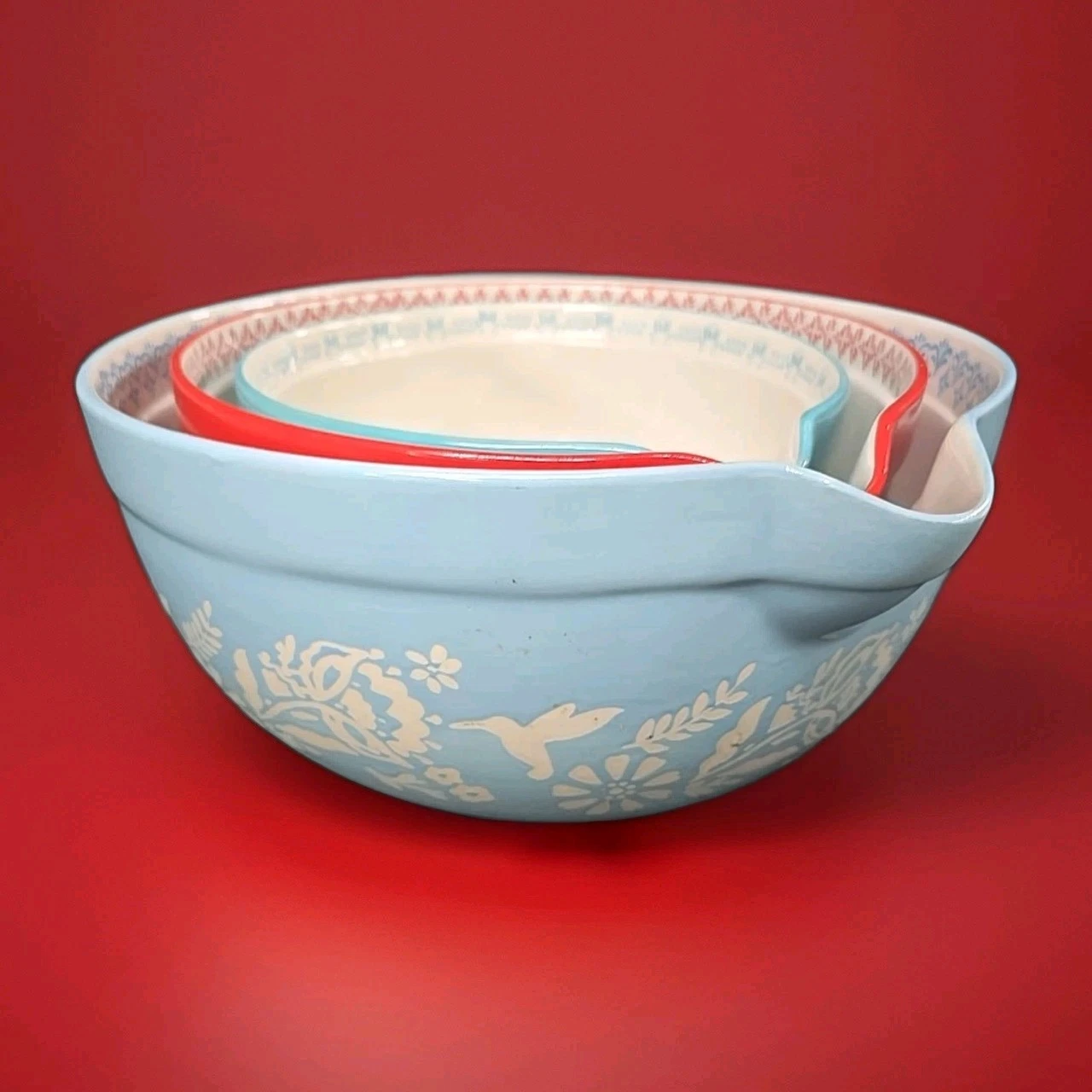 Pioneer Woman 3 pc Ceramic Mixing Bowls - Pouring Spout - Hummingbird Floral Bir