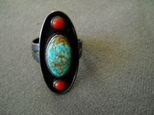 OLD Southwestern Native American Navajo Turquoise Coral Sterlin Silver Ring 9.25
