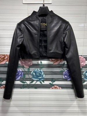 Damen Schwarz Crop Top Langarm Jacke Echtleder Kurzmantel Blousen Shrug