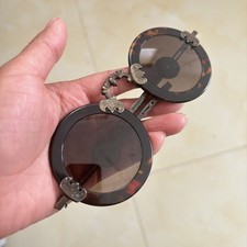 Vintage Tortoiseshell Round Sunglasses Brass Carved Bat Temple Retro Sun Glasse