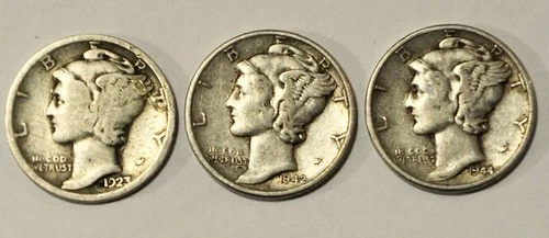 3 Mercury Silver Dimes 1923 1942, 1944,  Fine, 90% Silver Free Ship
