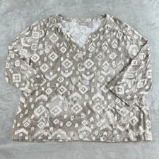 Chicos Top Womens 2 Large brown White Geometric Split V Neck 3/4 Sleeve Workwear
