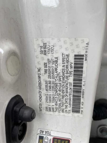 2015-2016 HONDA CR-V LEFT ROCKER W/POST WHITE PC: NH603PX -EX-L- 49330 - Image 4 of 4