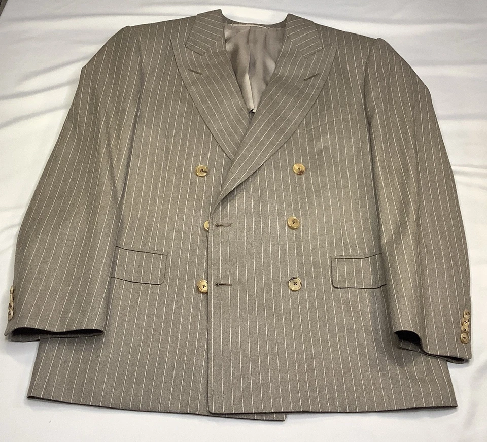 Traje de lana renacentista Oxxford Clothes Super 100 beige a rayas 42R W36X28 puño Foto 3 de 4