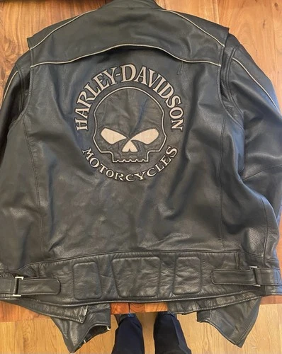 Harley Davidson 2XL TALL Mens WILLIE G SKULL Black Leather Motorcycle Jacket  - product listing photo