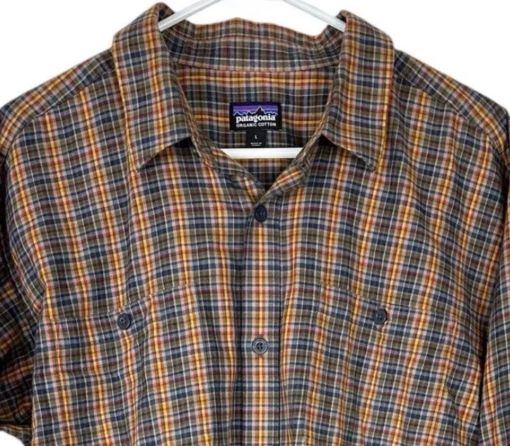 PATAGONIA Flannel Shirt Mens LARGE Navy/ Multi Color Organic Cotton Long Sleeve