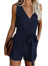 Acelitt Womens Sleeveless Button Down Belted Short Romper with Pockets (Navy-XS)