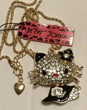 Betsey Johnson Hello Kitty Cat Necklace Pendant Crystal Enamel Black Dress