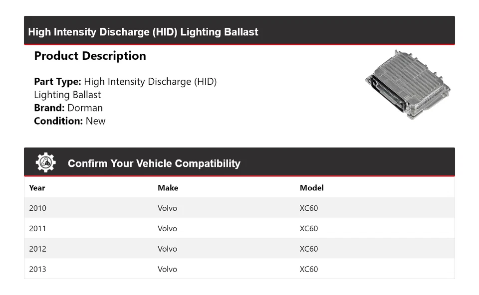 Lastro de iluminação de alta intensidade (HID) para Volvo XC60 Dorman 2010-2013 - Imagem 2 de 4