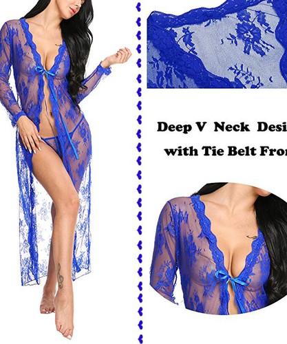Women Sexy Lingerie See Through Lace Dress Sleepwear Sheer Kimono Robe Nightwear - Picture 23 of 52