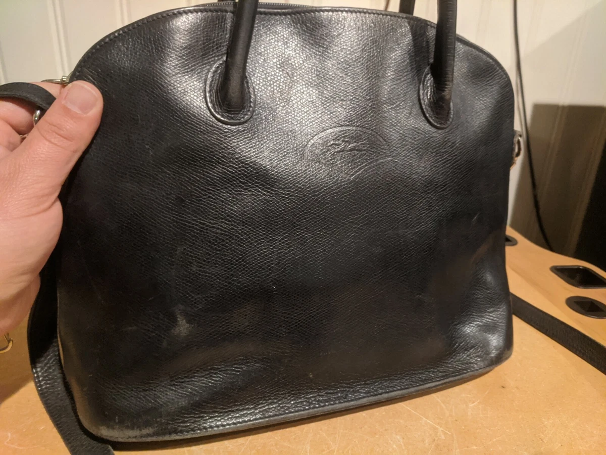 Vintage Black Longchamp Pebble Leather Crossbody Handbag Satchel