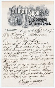 SUPER Graphics Advertising Letter head Signed - Vollman Sponge Co New York 1893