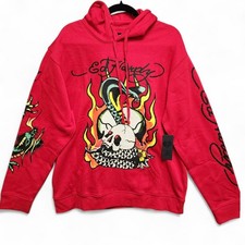 Ed Hardy Flame Cobra Hoodie Mens Large Cherry Red Skull Y2K Pullover NEW w/ Tag